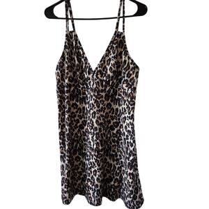 Vtg Leopard Large V-neck Slip Dress Black Sexy Nighty Babydoll